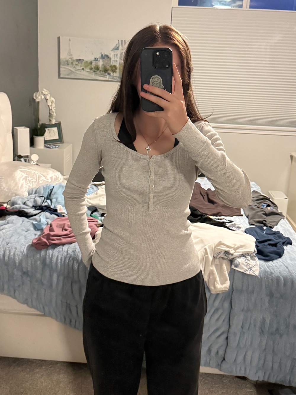 Classic Ribbed Henley Long-Sleeve Top — Light Gray